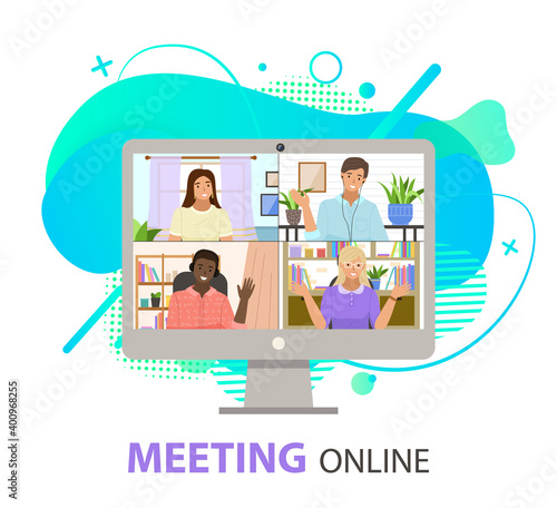 Meeting online, desktop computer with group of colleagues taking part in video conference. Software for videoconferencing and online communication. Virtual work meeting, friends talking in zoom