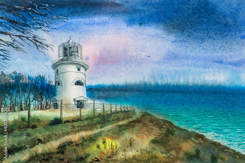 Seascape watercolor. Lighthouse on a mountain by the sea, cloudy day, gloomy clouds, dry tree branches on the side, a fence.