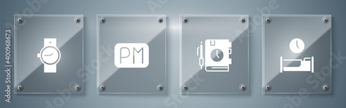 Set Time to sleep, Daily paper notepad, Day time and Wrist watch. Square glass panels. Vector.