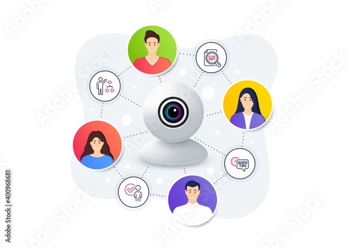 Set of Education icons, such as Check article, Algorithm, Quick tips symbols. Web camera remote streaming. Online video conference banner. Verification person line icons. Vector