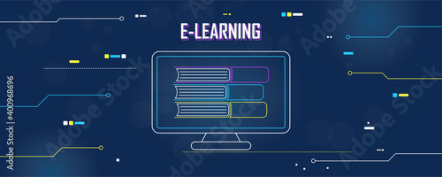 Vector design concept template for web banner, e-learning, online learning anywhere anytime. Computer, monitor illustration. Dark background with bright elements stylized as microcircuits. Copyspace.