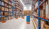 interior of a modern warehouse where automated goods transport vehicles work.