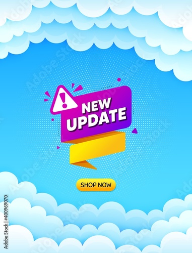 New update paper banner. Cloud sky background with offer message. Important message tag. Exclamation mark icon. Best advertising coupon cloud banner. New update badge shape. Vector