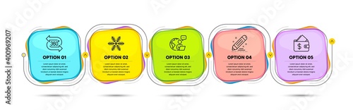 360 degree, Brand contract and Wallet line icons set. Timeline process flowchart. Snowflake sign. Virtual reality, Edit report, Affordability. Air conditioning. Business set. Vector