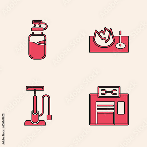 Set Bicycle repair service, Sport bottle with water, on street ramp and pump icon. Vector.