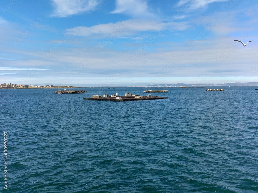 Zucht von Muscheln und Austern in den Rias Baixas an der Atlantikküste von Galicien in Spanien, hier die Ria de Arousa