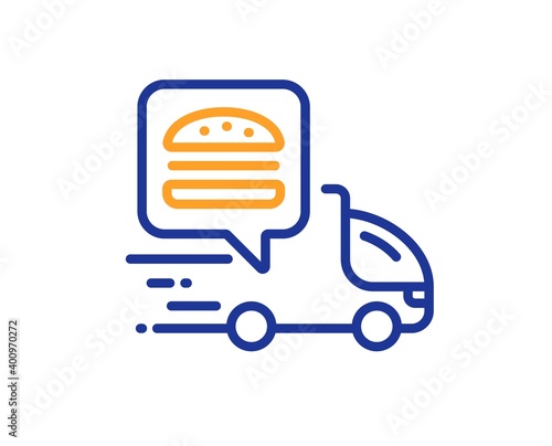 Food delivery truck line icon. Contactless meal order sign. Grocery delivery symbol. Quality design element. Line style food delivery icon. Editable stroke. Vector
