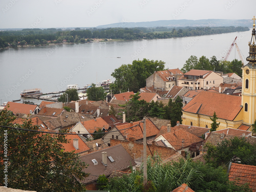 Tiled roofs of the Zemun district, the Danube river and the Sava river. Belgrade, Serbia
