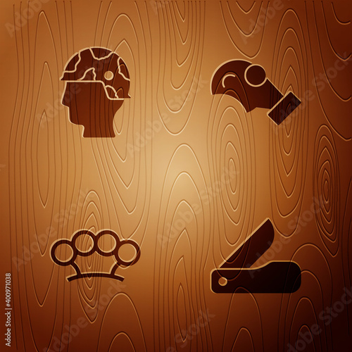 Set Swiss army knife, Army soldier, Brass knuckles and Gas mask on wooden background. Vector.