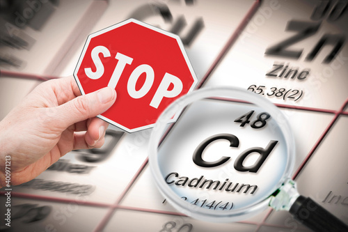 Stop heavy metals - Concept image with hand holding a stop sign against a cadmium chemical element with the Mendeleev periodic table seen through a magnifying glass photo
