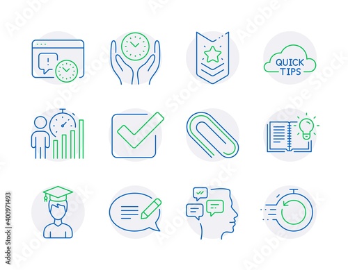 Education icons set. Included icon as Project deadline, Student, Messages signs. Paper clip, Safe time, Quick tips symbols. Checkbox, Shoulder strap, Business statistics. Message. Vector