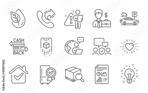 Parking security, Augmented reality and Search package line icons set. Idea, Heart and Report document signs. Security agency, Cashback card and Certified refrigerator symbols. Line icons set. Vector