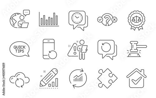 Bar diagram, Recovery data and Clock line icons set. Update data, Judge hammer and Strategy signs. Quickstart guide, Cloud sync and Edit statistics symbols. Line icons set. Vector