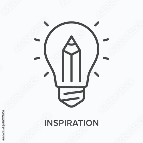 Inspiration flat line icon. Vector outline illustration of screen with lightbulb and pen. Infographic design black thin linear pictogram for creative idea