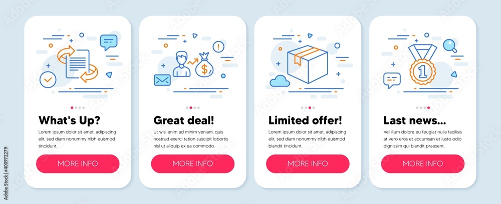Set of Business icons, such as Marketing, Sallary, Parcel symbols. Mobile screen banners. Best rank line icons. Article, Person earnings, Shipping box. Success medal. Marketing icons. Vector