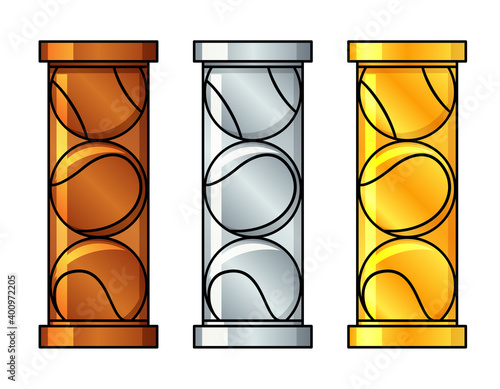 Tennis ball container can trophy in bronze, silver and golden colors. Set of three throphies for awarding tournament winners and participants. Ranking icons and symbols for championship of sports.