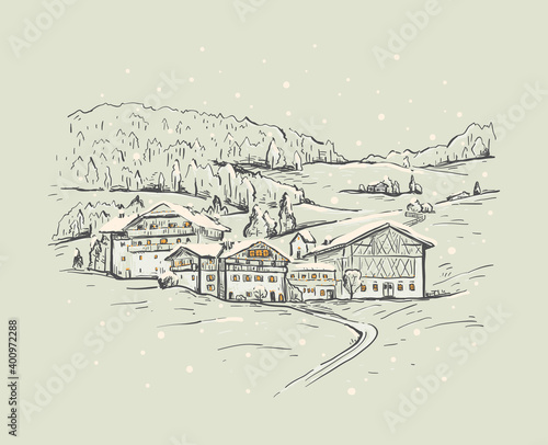 Winter rural landscape. Sketch hand drawn vector illustration with a village houses on the mountain and snow. Hand drawn illustration in gray colors.