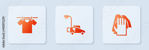 Set Lawn mower, Drying clothes and Cleaning service. White square button. Vector.