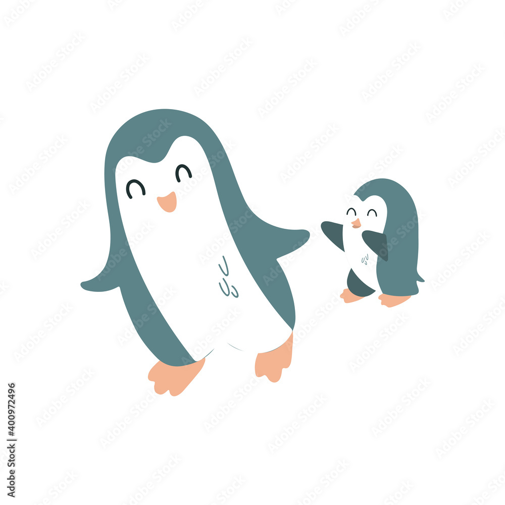 Fototapeta premium Penguins are playing catch-up. Vector children's illustration. Isolated on white. For printing, nursery decor.