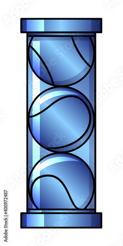 Pack of 3 tennis balls in a can package. Illustration colored in glossy shiny blue color. Platinum sports statue and trophy. Award for tournament or championship. Unusual icon of sport objects.