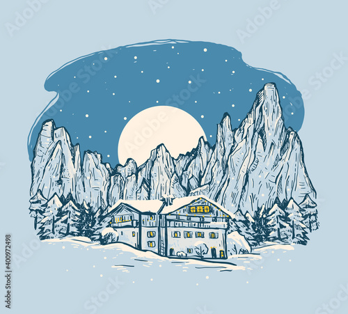 Winter rural romantic landscape. Sketch hand drawn vector illustration with a house, rocks under night sky with moon and snow. Hand drawn illustration in blue colors
