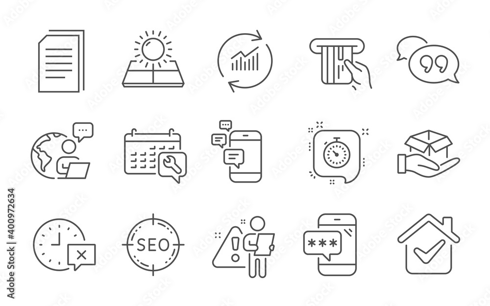 Spanner, Phone password and Sun energy line icons set. Seo, Communication and Quote bubble signs. Update data, Hold box and Timer symbols. Copy files, Credit card and Time. Line icons set. Vector