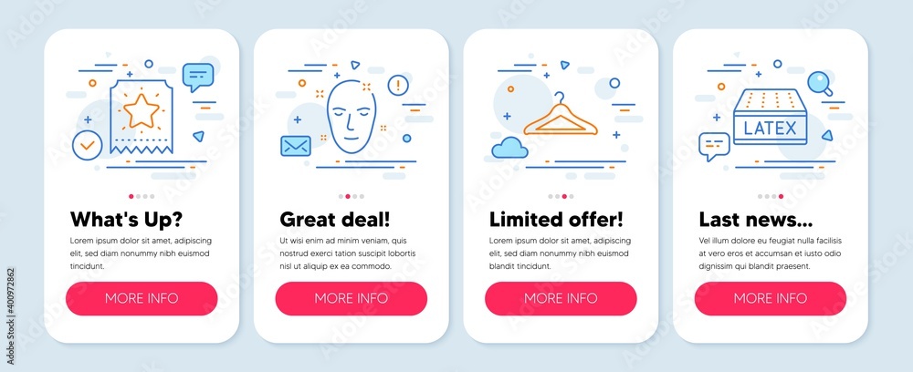 Set of Business icons, such as Loyalty ticket, Cloakroom, Health skin symbols. Mobile screen mockup banners. Latex mattress line icons. Bonus star, Hanger wardrobe, Clean face. Sleeping pad. Vector
