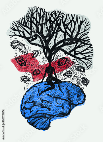 Artistic conceptual work. Abstract engraving. Image of the brain, woman, roots, tree, eyes, ears, lips.