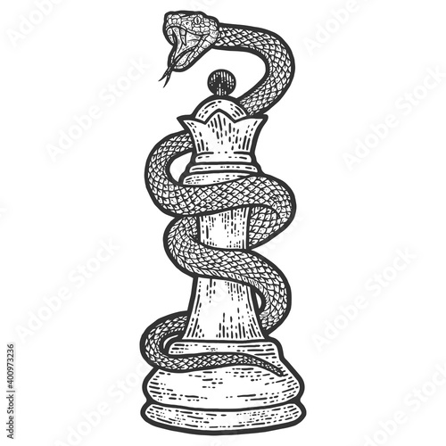 Chess piece queen entwined with a snake. Engraving vector illustration.