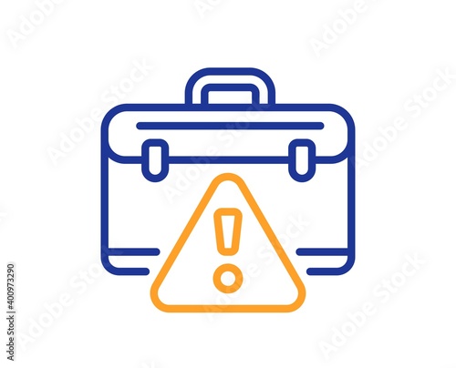 Warning briefcase line icon. Attention triangle sign. Caution diplomat symbol. Quality design element. Line style warning briefcase icon. Editable stroke. Vector