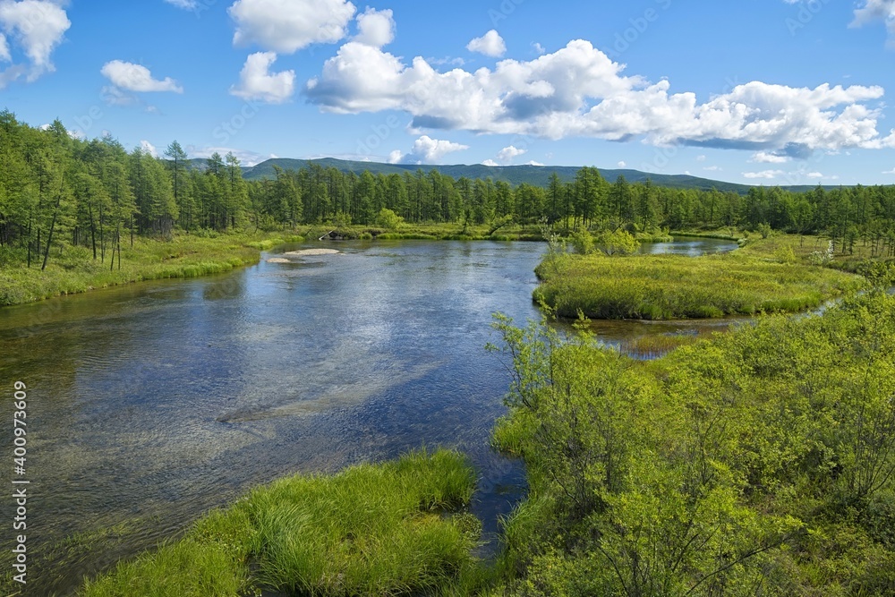 Taiga river with crystal clear water. Natural spawning ground for Pacific salmon. Khabarovsk Krai, far East, Russia.