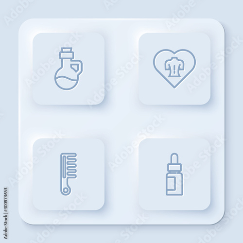 Set line Essential oil bottle, Massage, Hairbrush and . White square button. Vector.