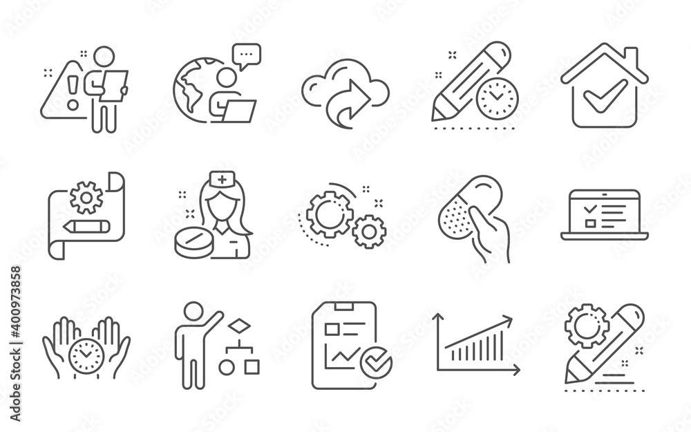 Web lectures, Gears and Capsule pill line icons set. Cloud share, Algorithm and Safe time signs. Project deadline, Nurse and Report checklist symbols. Line icons set. Vector Web lectures, Gears and Capsule pill line icons set. Cloud share, Algorithm and Safe time signs. Project deadline, Nurse and Report checklist symbols. Line icons set. Vector