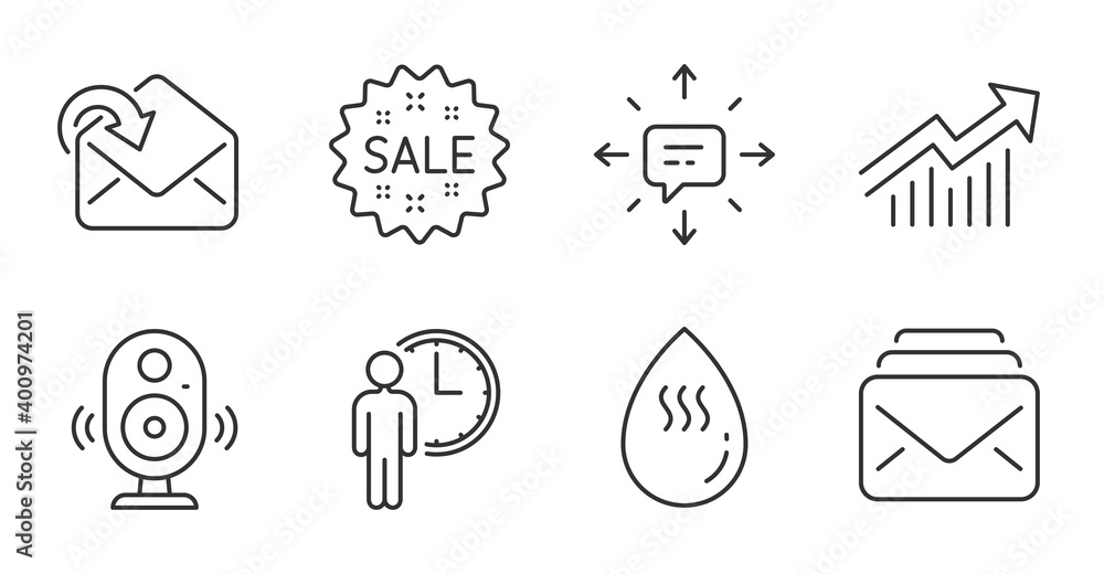 Mail, Waiting and Speaker line icons set. Demand curve, Sale and Receive mail signs. Hot water, Sms symbols. New messages, Service time, Music sound. Business set. Quality line icons. Vector Mail, Waiting and Speaker line icons set. Demand curve, Sale and Receive mail signs. Hot water, Sms symbols. New messages, Service time, Music sound. Business set. Quality line icons. Vector