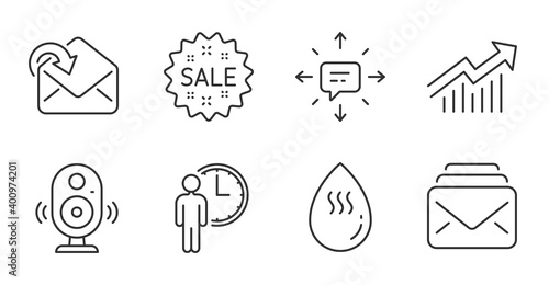 Mail, Waiting and Speaker line icons set. Demand curve, Sale and Receive mail signs. Hot water, Sms symbols. New messages, Service time, Music sound. Business set. Quality line icons. Vector