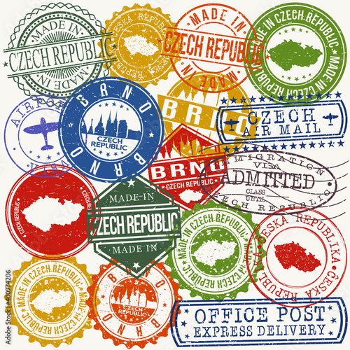 Brno Switzerland Set of Stamps. Travel Stamp. Made In Product. Design Seals Old Style Insignia.