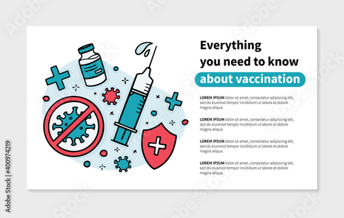 Virus vaccine, syringe for injection flyer or banner in Doodle style, vector template.