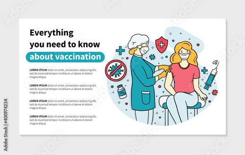 Virus vaccination banner or flyer in Doodle style, vector template. Doctor gives an injection of the vaccine to a female patient.