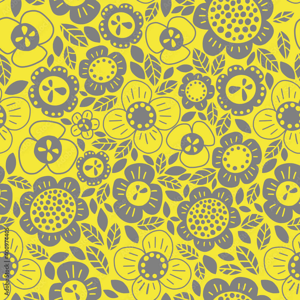 Vector seamless flowers pattern. Illuminating and ultimate grey colours of the year 2021. Vector illustration