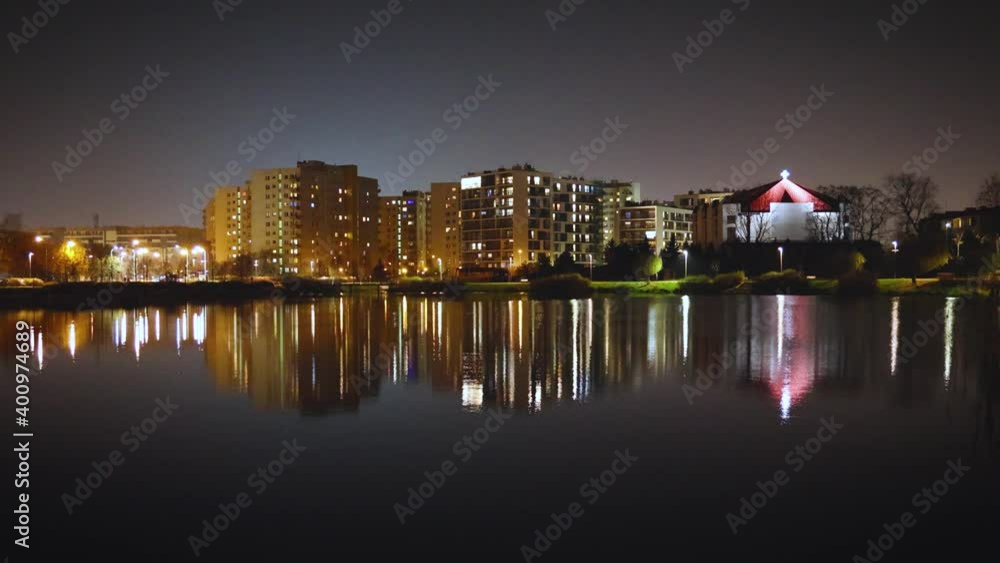 Evening view of Balaton lake and park in Goclaw subdistrict of Warsaw city, Poland, 4k video Evening view of Balaton lake and park in Goclaw subdistrict of Warsaw city, Poland, 4k video