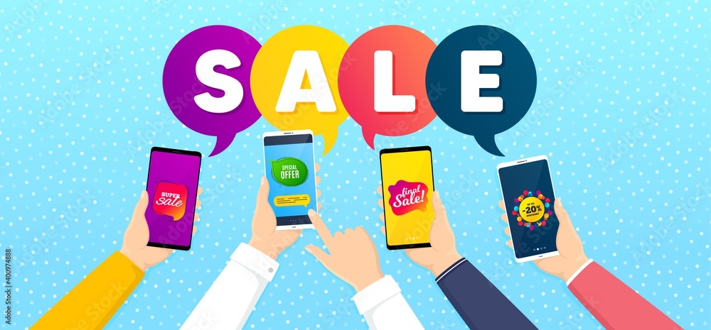 Super sale, Special offer and Final sale promo label set. Banner with mobile phones in hands. Discount bubble, Banner shape, Offer label. Discount label. Promotional tag set. Vector Super sale, Special offer and Final sale promo label set. Banner with mobile phones in hands. Discount bubble, Banner shape, Offer label. Discount label. Promotional tag set. Vector