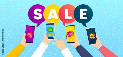 Super sale, Special offer and Final sale promo label set. Banner with mobile phones in hands. Discount bubble, Banner shape, Offer label. Discount label. Promotional tag set. Vector