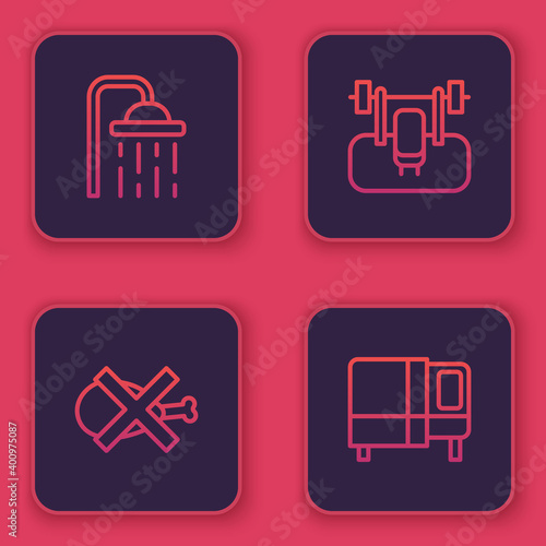 Set line Shower head, No meat, Bench with barbel and Bed. Blue square button. Vector.