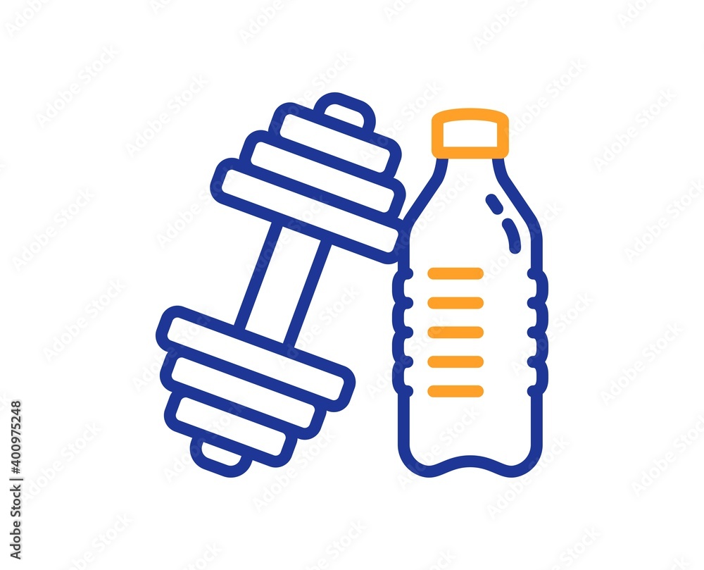 Dumbbell with water bottle line icon. Workout equipment sign. Gym fit symbol. Quality design element. Line style dumbbell icon. Editable stroke. Vector Dumbbell with water bottle line icon. Workout equipment sign. Gym fit symbol. Quality design element. Line style dumbbell icon. Editable stroke. Vector