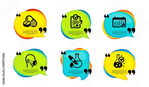 Calendar graph, Chemistry experiment and Rfp icons simple set. Speech bubble with quotes. Medical mask, Medical drugs and Chemistry lab signs. Vector