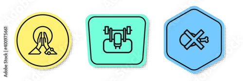 Set line Meditation, Bench with barbel and No meat. Colored shapes. Vector.