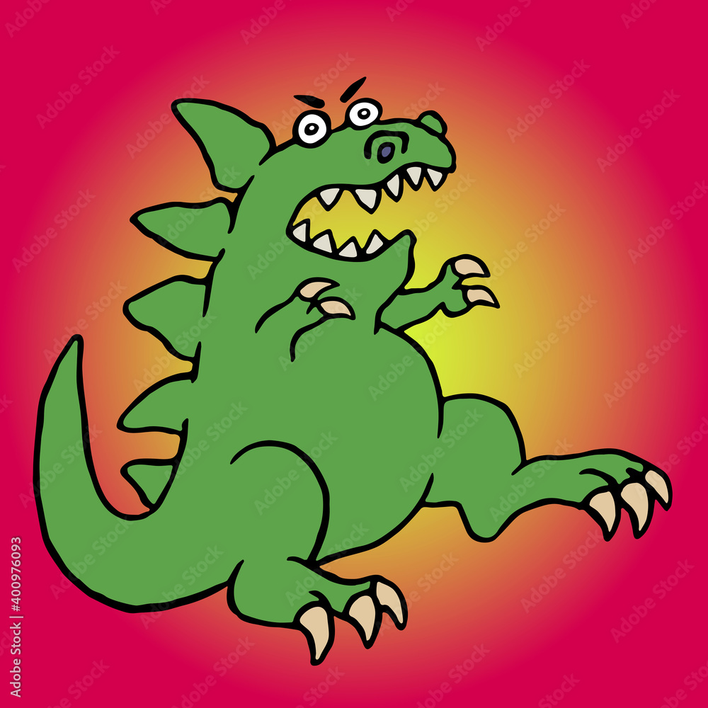 Fototapeta premium Cute green screaming cartoon dino. Vector illustration.
