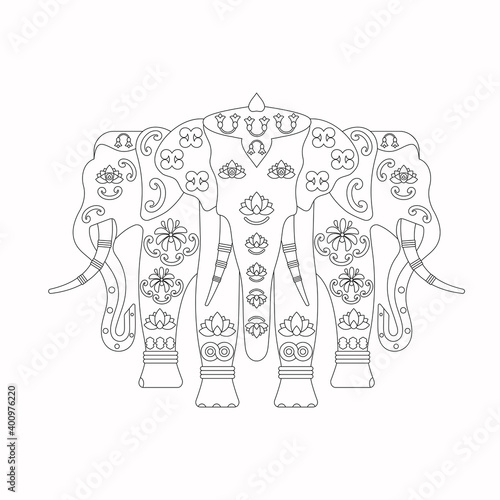 The elephant Erawan- Airavata is a character in Hindu mythology, the three-headed elephant of Indra. Anti-stress coloring pages.. photo