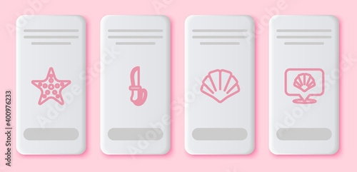 Set line Starfish, Knife, Scallop sea shell and . White rectangle button. Vector.