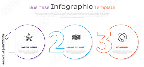 Set line Starfish, Photo camera and Lifebuoy. Business infographic template. Vector.